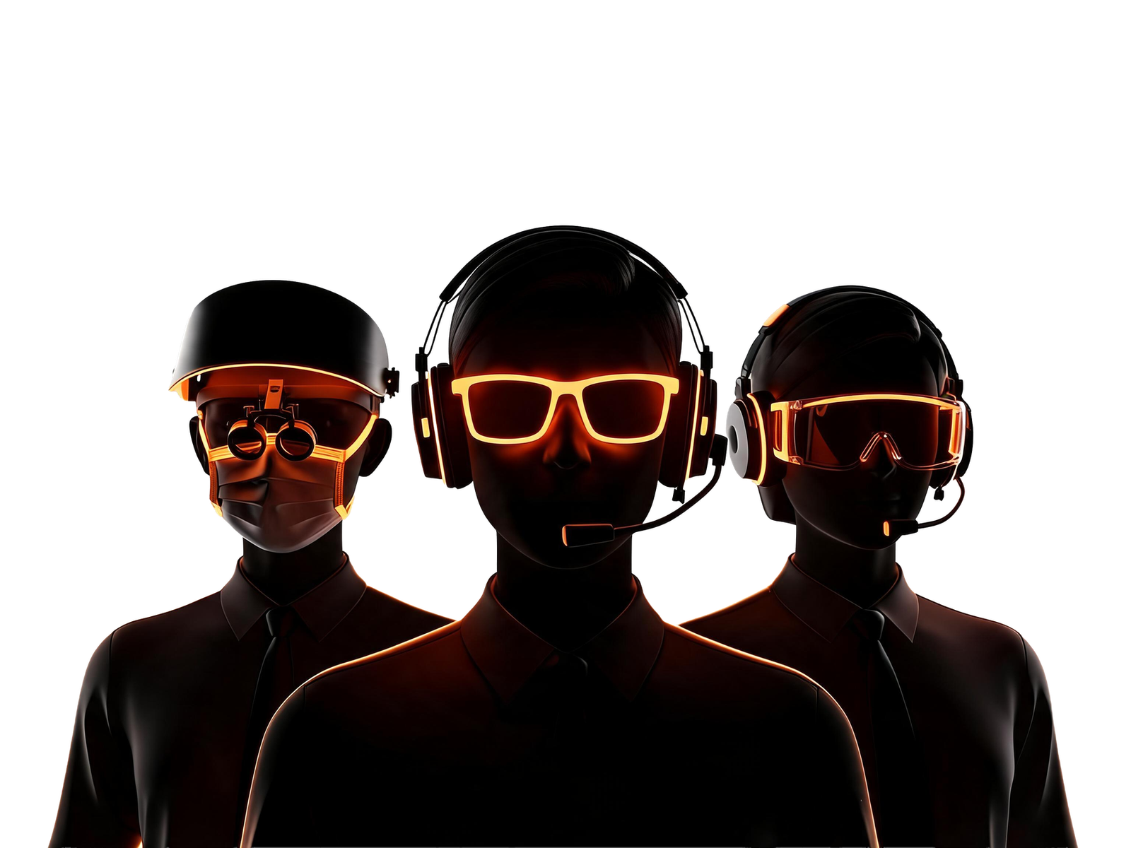 Three career figures in silhouette — a surgeon, a developer, and a pilot — each lit by the glowing tools of their trade