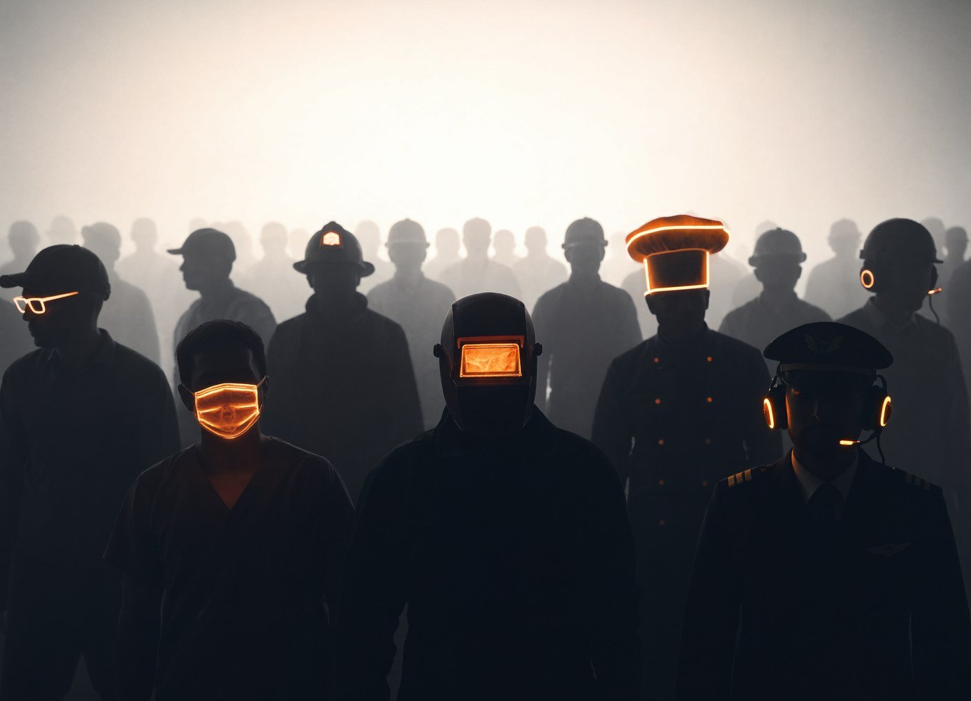 A crowd of career figures fading into fog, each lit by the glowing tools of their trade
