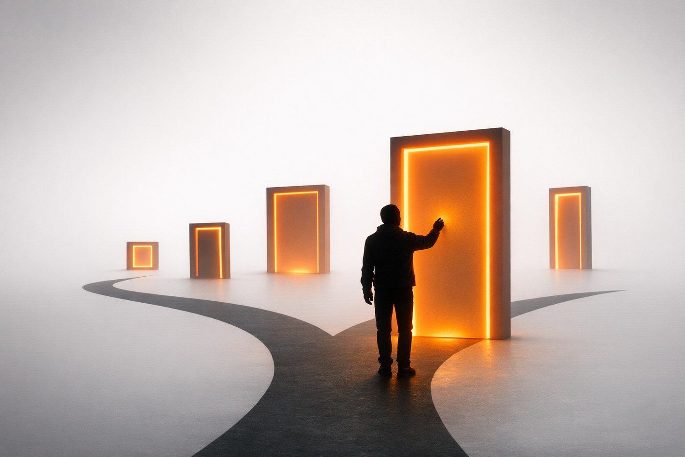 A figure choosing between several glowing doorways